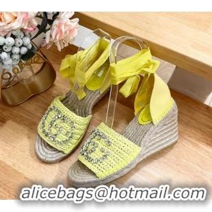 Best Product Gucci Strass Interlocking G Espadrille Wedge Sandals with Ankle Tie Lime Green 605100