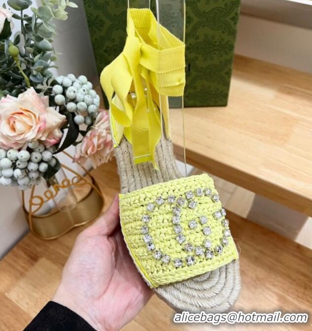 Best Product Gucci Strass Interlocking G Espadrille Wedge Sandals with Ankle Tie Lime Green 605100