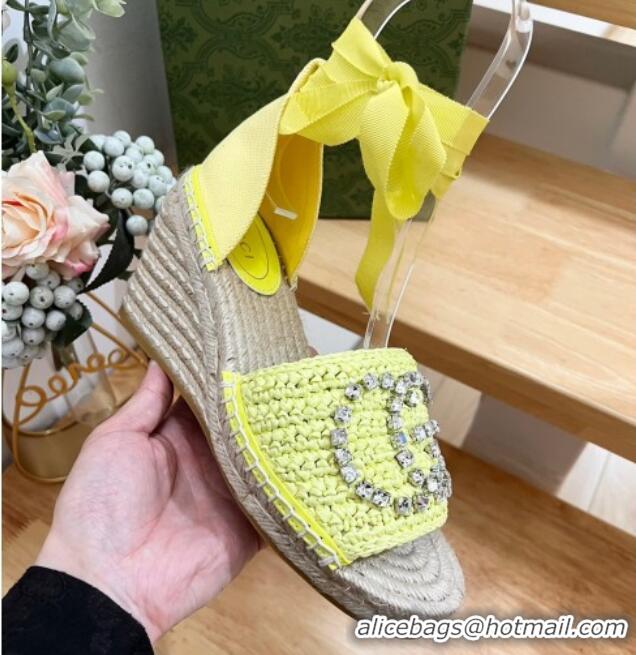 Best Product Gucci Strass Interlocking G Espadrille Wedge Sandals with Ankle Tie Lime Green 605100