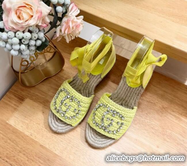 Best Product Gucci Strass Interlocking G Espadrille Wedge Sandals with Ankle Tie Lime Green 605100