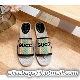 Luxurious Gucci Jute Espadrille Flat Slides Sandal with Green and Yellow Stripes 605106