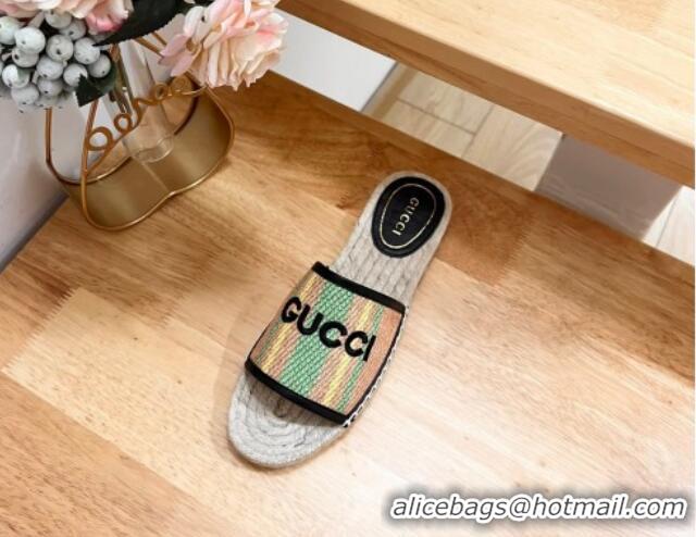 Luxurious Gucci Jute Espadrille Flat Slides Sandal with Green and Yellow Stripes 605106