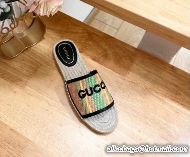 Luxurious Gucci Jute Espadrille Flat Slides Sandal with Green and Yellow Stripes 605106