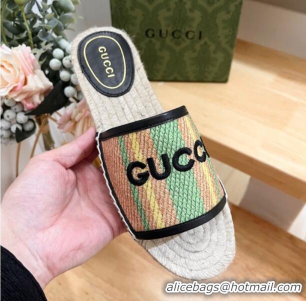 Luxurious Gucci Jute Espadrille Flat Slides Sandal with Green and Yellow Stripes 605106