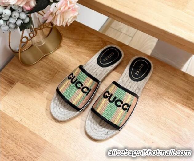 Luxurious Gucci Jute Espadrille Flat Slides Sandal with Green and Yellow Stripes 605106