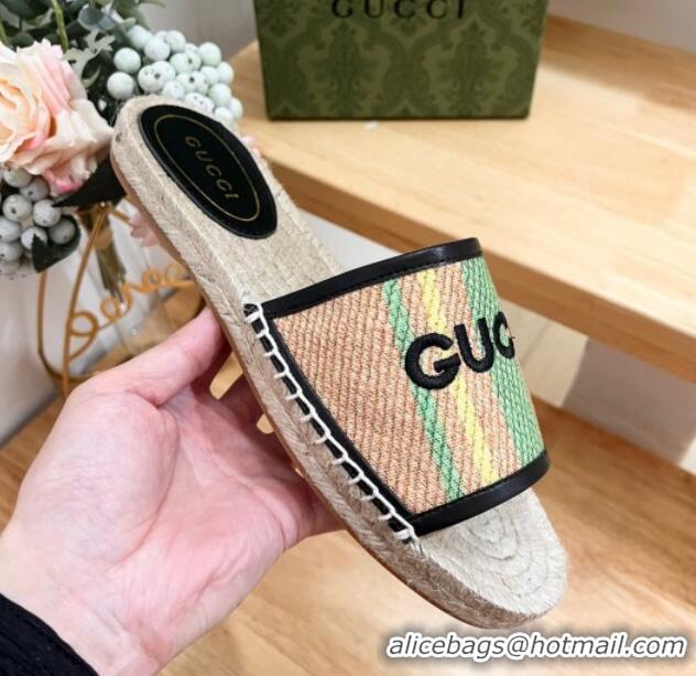 Luxurious Gucci Jute Espadrille Flat Slides Sandal with Green and Yellow Stripes 605106