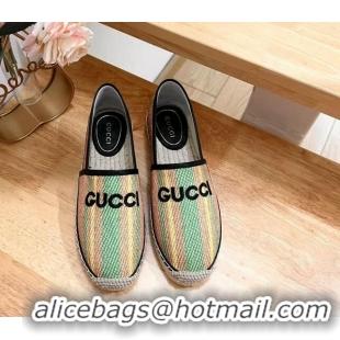 Unique Style Gucci Jute Espadrilles Flat with Green and Yellow Stripes 605107