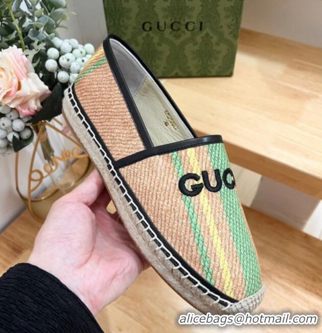 Unique Style Gucci Jute Espadrilles Flat with Green and Yellow Stripes 605107