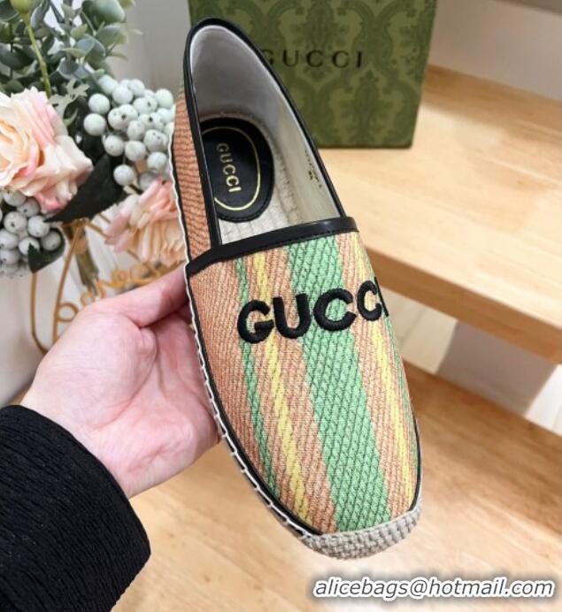 Unique Style Gucci Jute Espadrilles Flat with Green and Yellow Stripes 605107