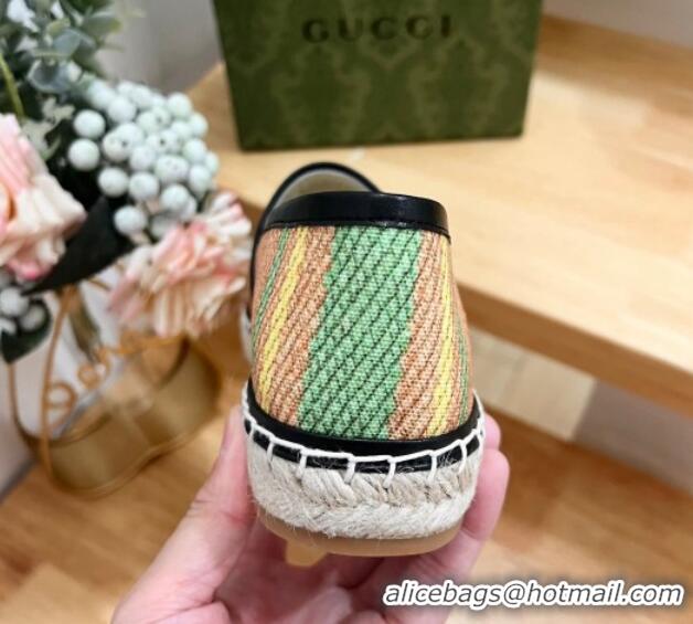 Unique Style Gucci Jute Espadrilles Flat with Green and Yellow Stripes 605107