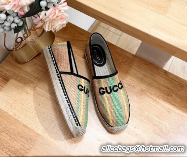 Unique Style Gucci Jute Espadrilles Flat with Green and Yellow Stripes 605107