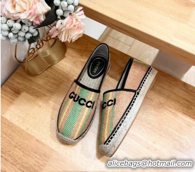 Unique Style Gucci Jute Espadrilles Flat with Green and Yellow Stripes 605107