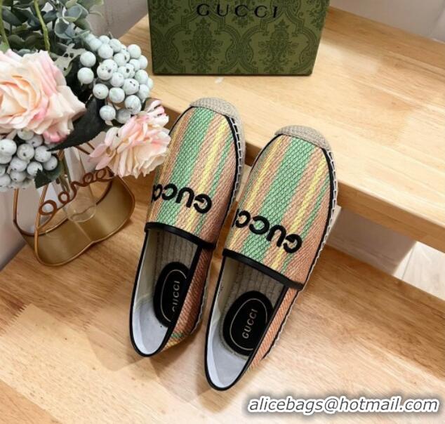 Unique Style Gucci Jute Espadrilles Flat with Green and Yellow Stripes 605107