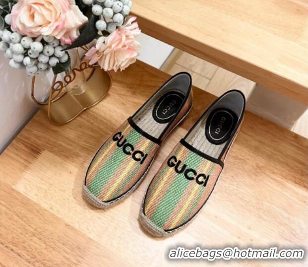 Unique Style Gucci Jute Espadrilles Flat with Green and Yellow Stripes 605107