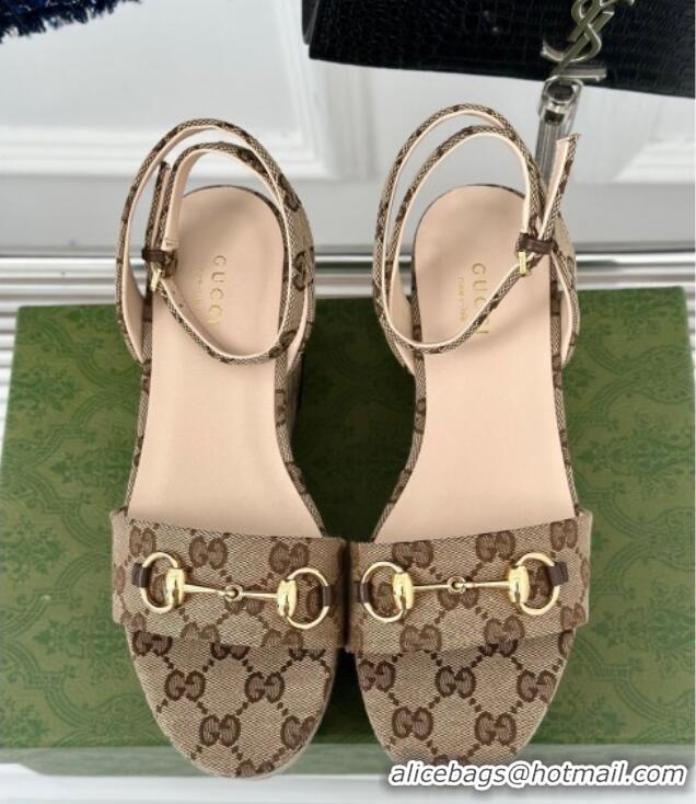 Pretty Style Gucci Horsebit GG Canvas Platform Sandals 7.5cm Beige 605112