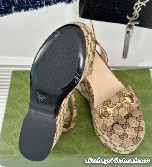 Pretty Style Gucci Horsebit GG Canvas Platform Sandals 7.5cm Beige 605112