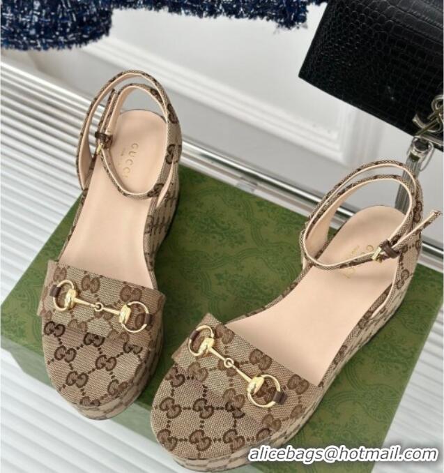 Pretty Style Gucci Horsebit GG Canvas Platform Sandals 7.5cm Beige 605112