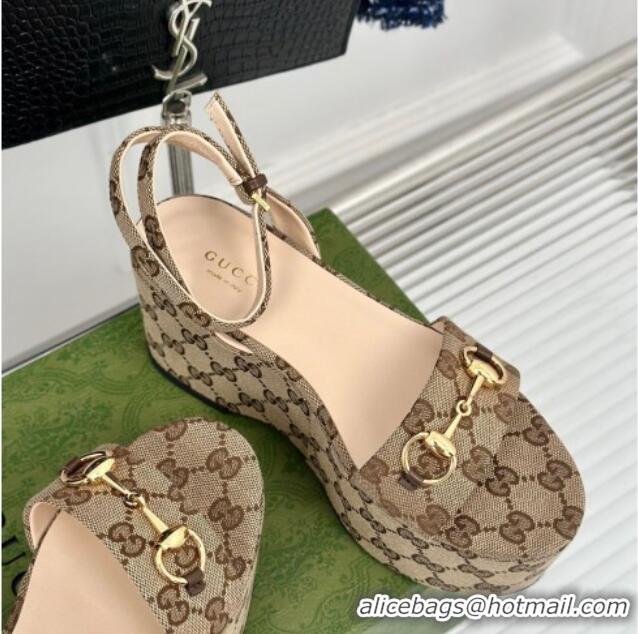 Pretty Style Gucci Horsebit GG Canvas Platform Sandals 7.5cm Beige 605112