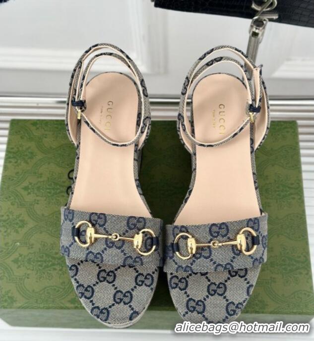 Top Grade Gucci Horsebit GG Canvas Platform Sandals 7.5cm Grey 605117