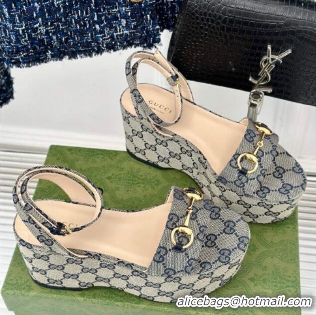 Top Grade Gucci Horsebit GG Canvas Platform Sandals 7.5cm Grey 605117