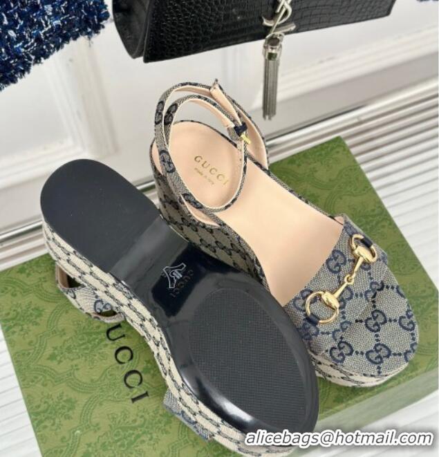 Top Grade Gucci Horsebit GG Canvas Platform Sandals 7.5cm Grey 605117