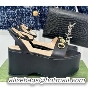 Good Product Gucci Horsebit Leather Platform Sandals 7.5cm Black 605114