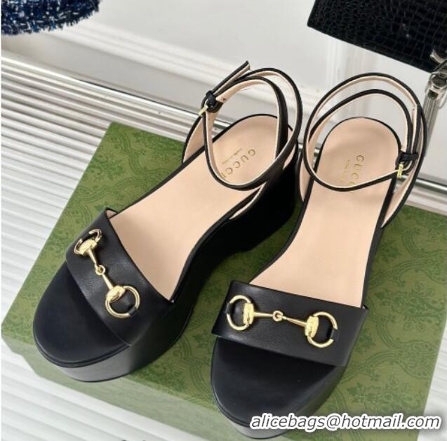 Good Product Gucci Horsebit Leather Platform Sandals 7.5cm Black 605114