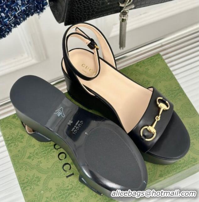 Good Product Gucci Horsebit Leather Platform Sandals 7.5cm Black 605114