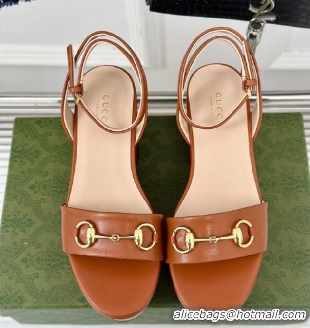 Good Quality Gucci Horsebit Leather Platform Sandals 7.5cm Brown 605115