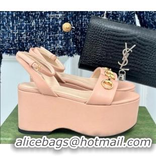 Grade Quality Gucci Horsebit Leather Platform Sandals 7.5cm Nude Pink 605118