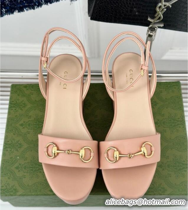 Grade Quality Gucci Horsebit Leather Platform Sandals 7.5cm Nude Pink 605118