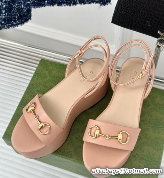 Grade Quality Gucci Horsebit Leather Platform Sandals 7.5cm Nude Pink 605118