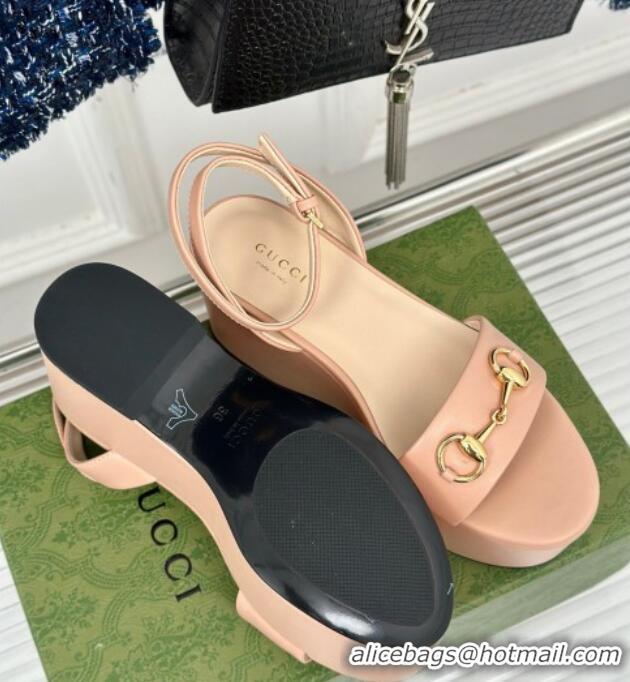 Grade Quality Gucci Horsebit Leather Platform Sandals 7.5cm Nude Pink 605118