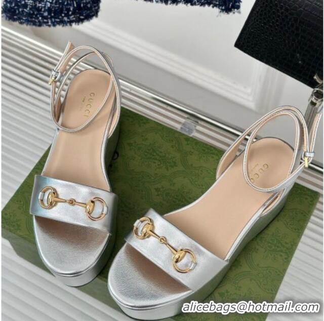 Low Cost Gucci Horsebit Leather Platform Sandals 7.5cm Silver 605116