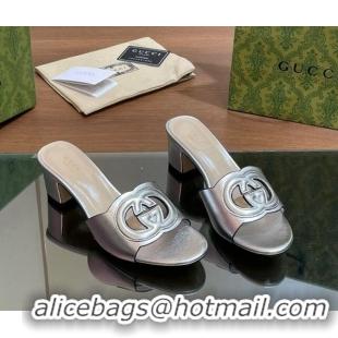 Best Grade Gucci Cutout Interlocking G Heel Slide Sandals 5.5cm Silver 605119