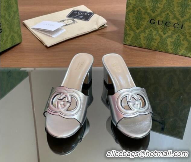 Best Grade Gucci Cutout Interlocking G Heel Slide Sandals 5.5cm Silver 605119