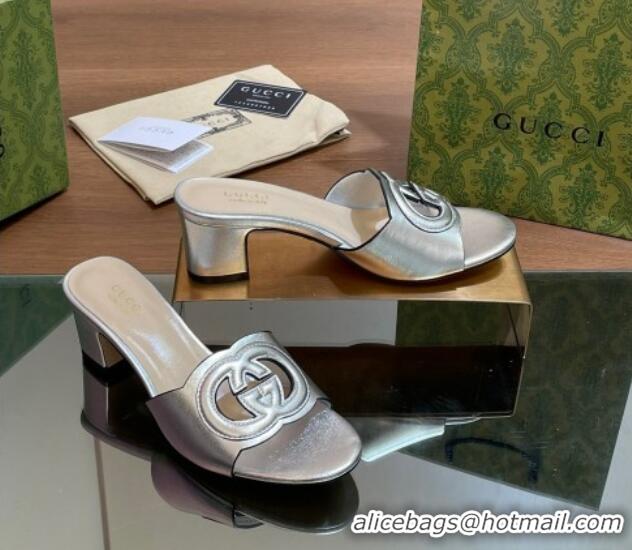 Best Grade Gucci Cutout Interlocking G Heel Slide Sandals 5.5cm Silver 605119