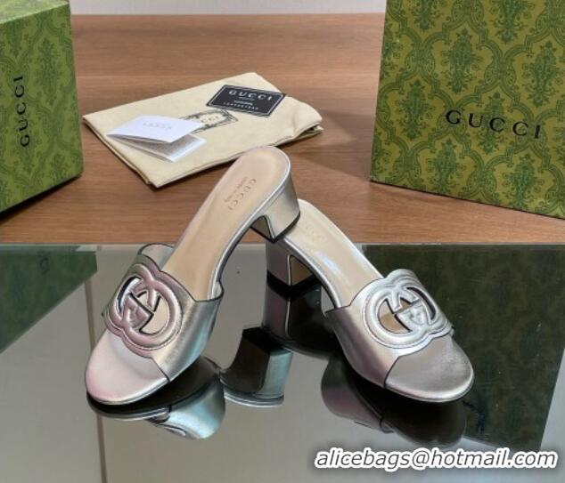 Best Grade Gucci Cutout Interlocking G Heel Slide Sandals 5.5cm Silver 605119