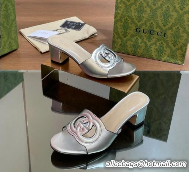 Best Grade Gucci Cutout Interlocking G Heel Slide Sandals 5.5cm Silver 605119