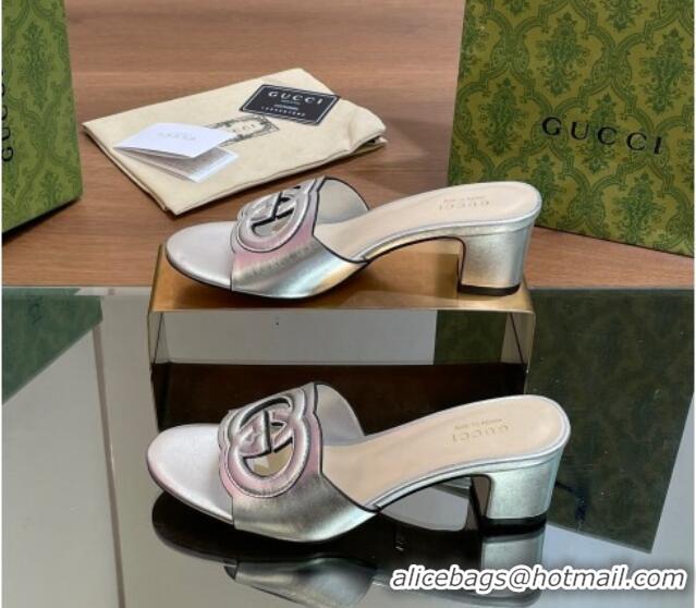 Best Grade Gucci Cutout Interlocking G Heel Slide Sandals 5.5cm Silver 605119