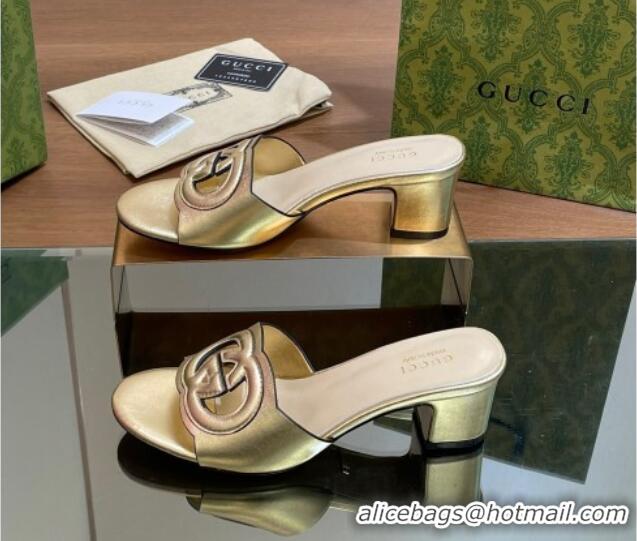 Hot Style Gucci Cutout Interlocking G Heel Slide Sandals 5.5cm Gold 605120