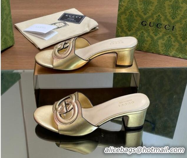 Hot Style Gucci Cutout Interlocking G Heel Slide Sandals 5.5cm Gold 605120