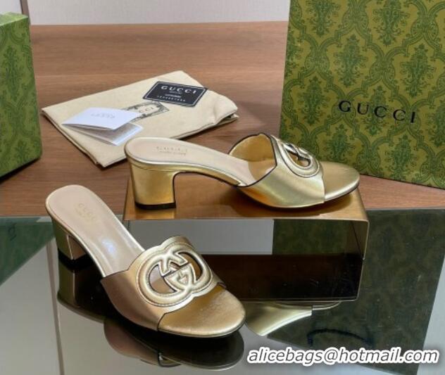 Hot Style Gucci Cutout Interlocking G Heel Slide Sandals 5.5cm Gold 605120