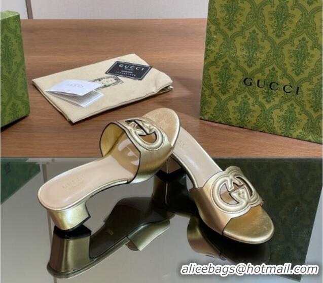 Hot Style Gucci Cutout Interlocking G Heel Slide Sandals 5.5cm Gold 605120