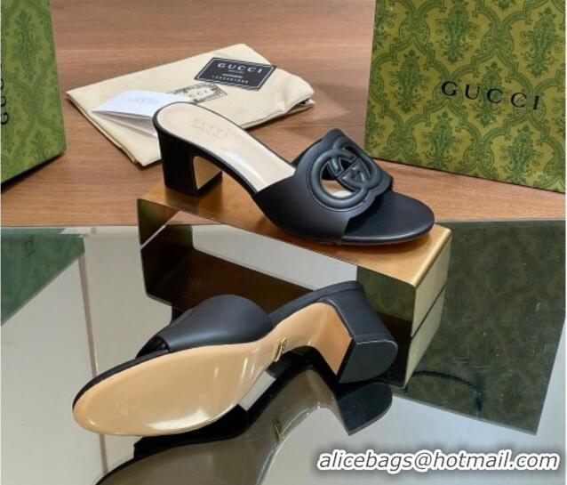 Most Popular Gucci Cutout Interlocking G Heel Slide Sandals 5.5cm Black 605121