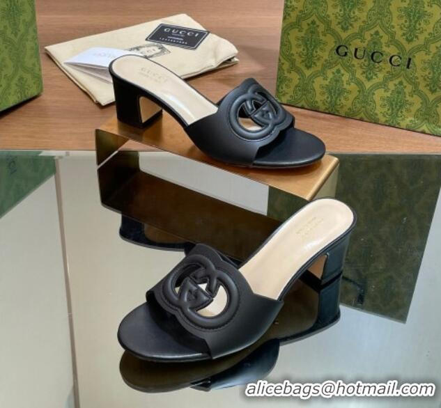 Most Popular Gucci Cutout Interlocking G Heel Slide Sandals 5.5cm Black 605121