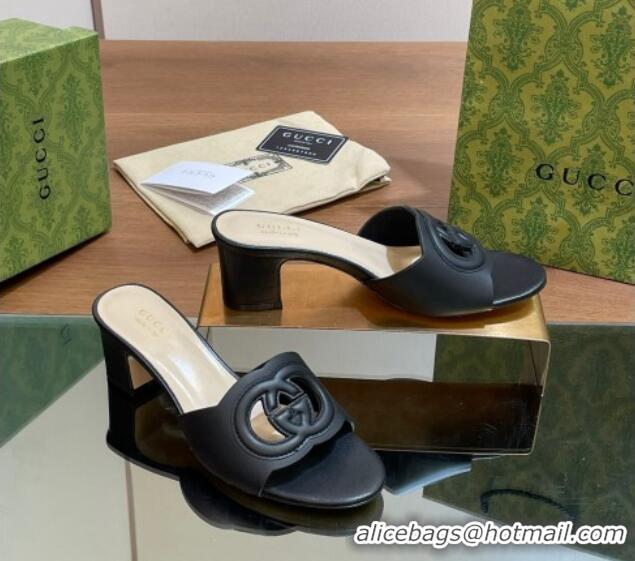 Most Popular Gucci Cutout Interlocking G Heel Slide Sandals 5.5cm Black 605121