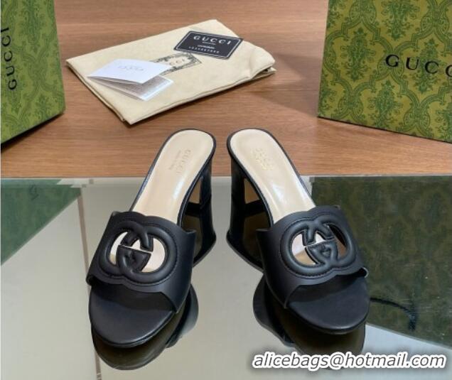 Most Popular Gucci Cutout Interlocking G Heel Slide Sandals 5.5cm Black 605121