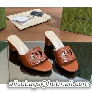 Unique Discount Gucci Cutout Interlocking G Heel Slide Sandals 5.5cm Brown 605123