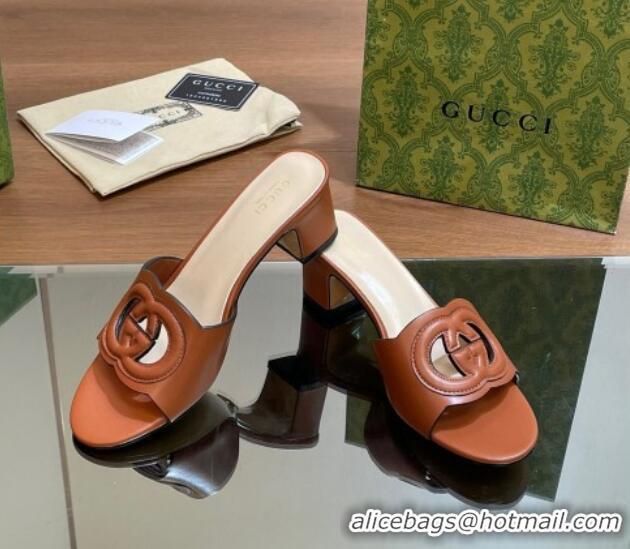 Unique Discount Gucci Cutout Interlocking G Heel Slide Sandals 5.5cm Brown 605123